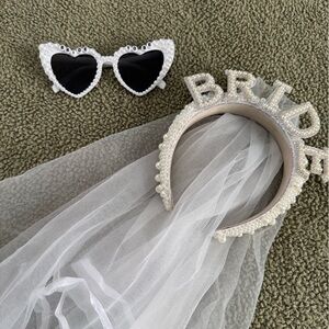 White Bride Headband with Veil and Heart Sunglasses